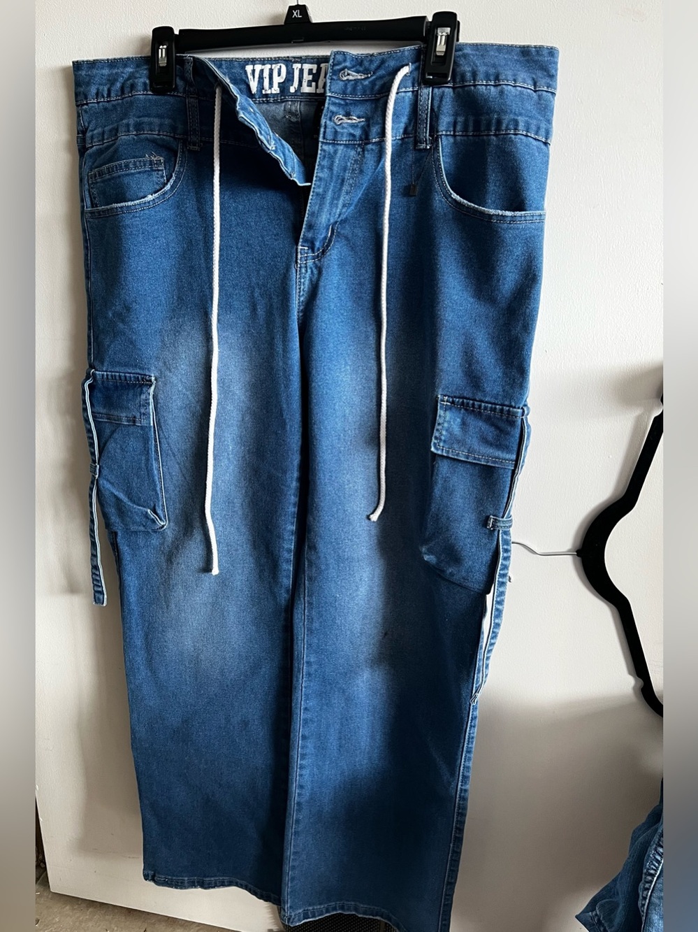 VIP Blue Denim Cargo Pants with Drawstring Waist